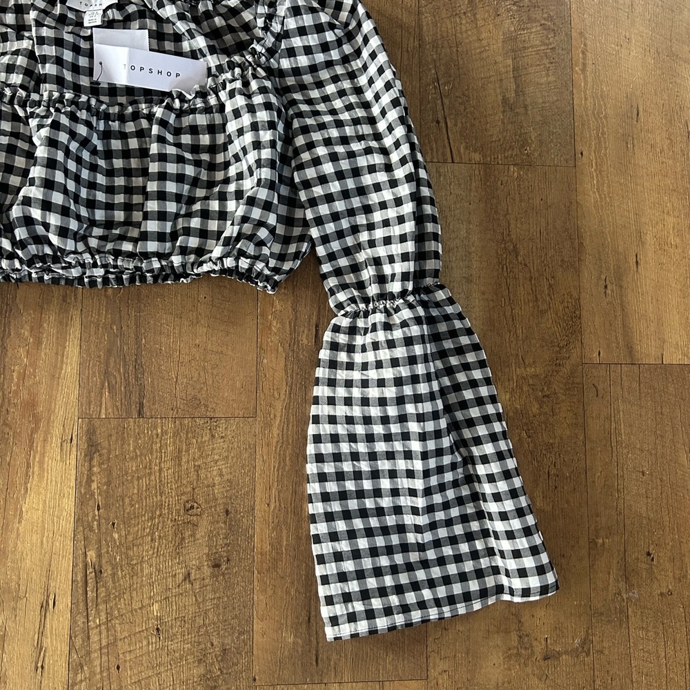 Topshop Gingham Smocked Crop Top NWT Puff Sleeve Black White Size 2 - Picture 3 of 9